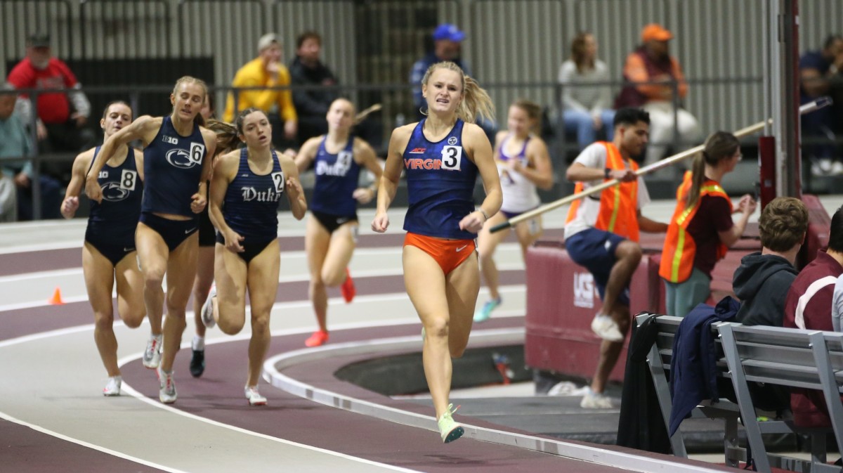 Virginia fifth year athlete Alix Still running in the 800 meters as part of the pentathlon at the Hokie Invitational at Rector Field House in Blacksburg.