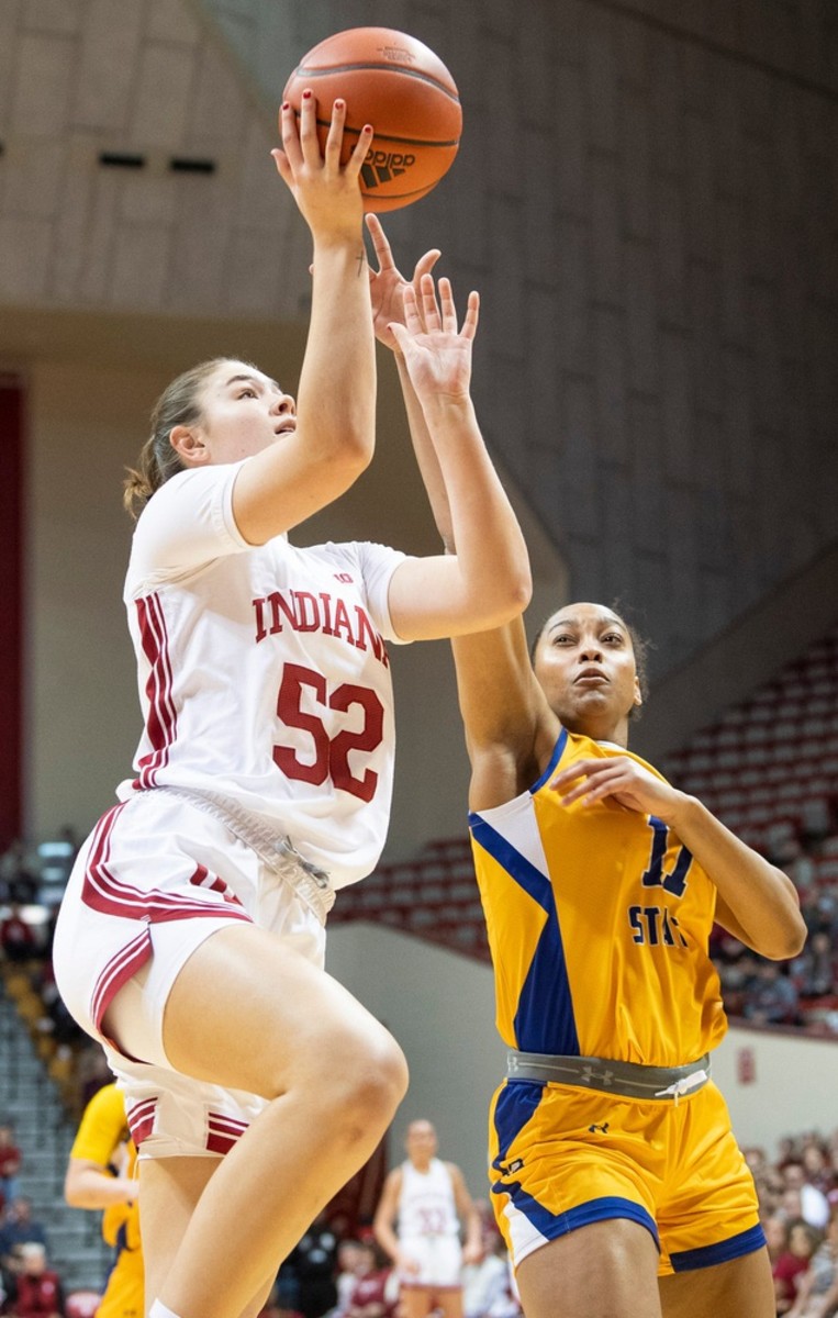 Indiana's Lilly Meister (52) shoots over Morehead State's Jayden Rhodes (11) during the Indiana versus Morehead State women's basketball game at Simon Skjodt Assembly Hall on Sunday, Dec. 18, 2022.