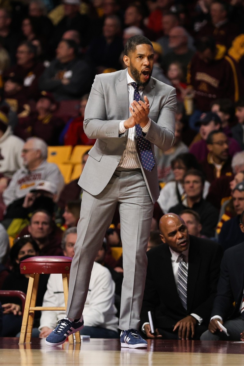 Indiana Hoosiers acting head coach Yasir Rosemond reacts during the first half against the Minnesota Golden Gophers.