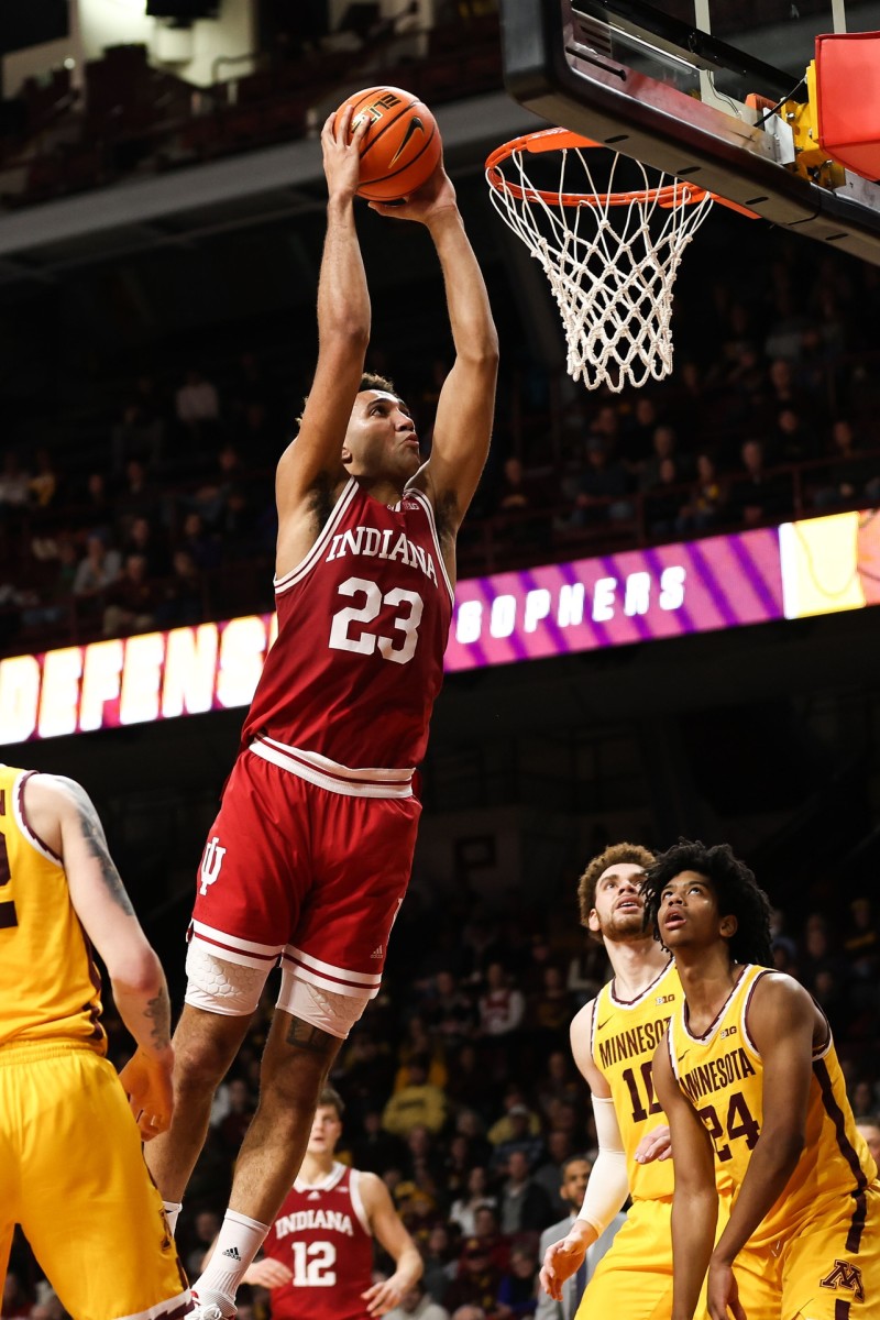 Trayce Jackson-Davis (23) dunks against the Minnesota Golden Gophers during the second half at Williams Arena.