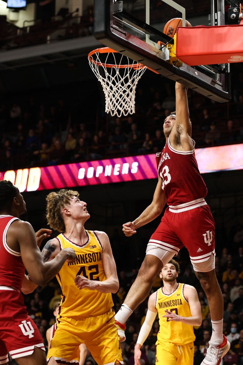 Trayce Jackson-Davis (23) dunks against the Minnesota Golden Gophers during the second half at Williams Arena.