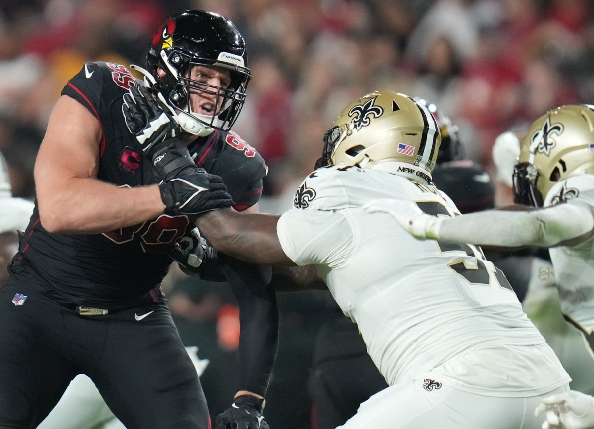 Oct 20, 2022; Arizona Cardinals defensive end J.J. Watt (99) is blocked by New Orleans Saints offensive lineman Cesar Ruiz (51). Mandatory Credit: Joe Rondone-Arizona Republic