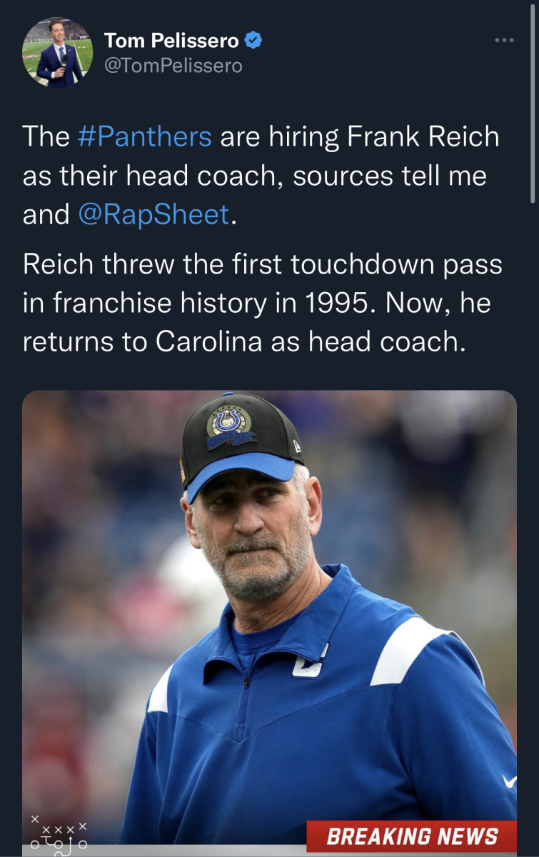 Panthers hiring former Colts coach Frank Reich as head coach