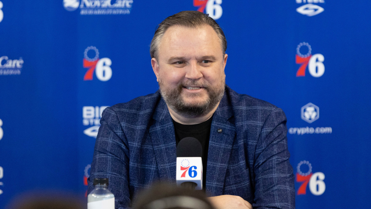 Feb 15, 2022; Camden, NJ, USA; Philadelphia 76ers president of basketball operations Daryl Morey speaks with the media at Philadelphia 76ers Training Complex.