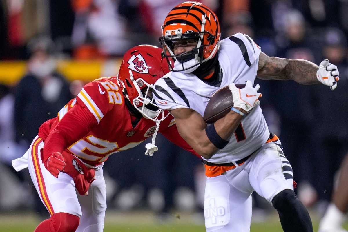 Cincinnati Bengals wide receiver Ja'Marr Chase celebrates a first down  catch against the Kansas City Chiefs during during the second half of the  NFL AFC Championship playoff football game, Sunday, Jan. 29