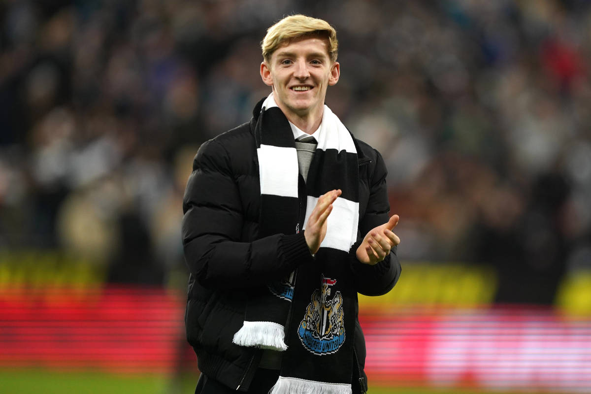 Anthony Gordon pictured being paraded in front of fans at St. James' Park after signing for Newcastle United from Everton in January 2023