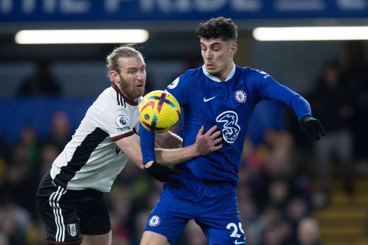 Tim Ream (left) and Kai Havertz (right) pictured during a 0-0 draw between Chelsea and Fulham in February 2023