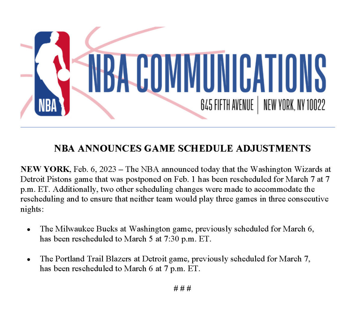 NBA Announces Game Schedule Adjustments