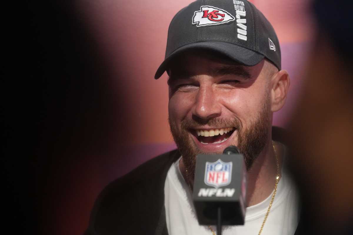 Feb 6, 2023; Phoenix, Arizona, USA; Kansas City Chiefs tight end Travis Kelce speaks to the media during the NFL s Super Bowl opening night at Footprint Center. Mandatory Credit: Joe Rondone-Arizona Republic Nfl Super Bowl Opening Night At Footprint Center