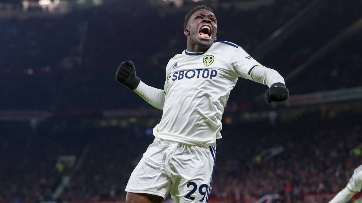 Wilfried Gnonto pictured celebrating after scoring for Leeds at Manchester United in February 2023