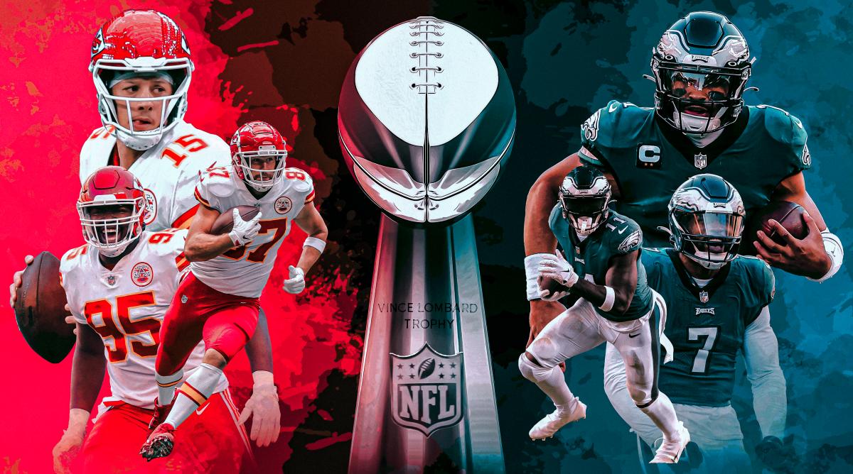 A collage of Patrick Mahomes, Chris Jones, Travis Kelce, Jalen Hurts, A.J. Brown and Haason Reddick, with the Lombardi Trophy in between them.