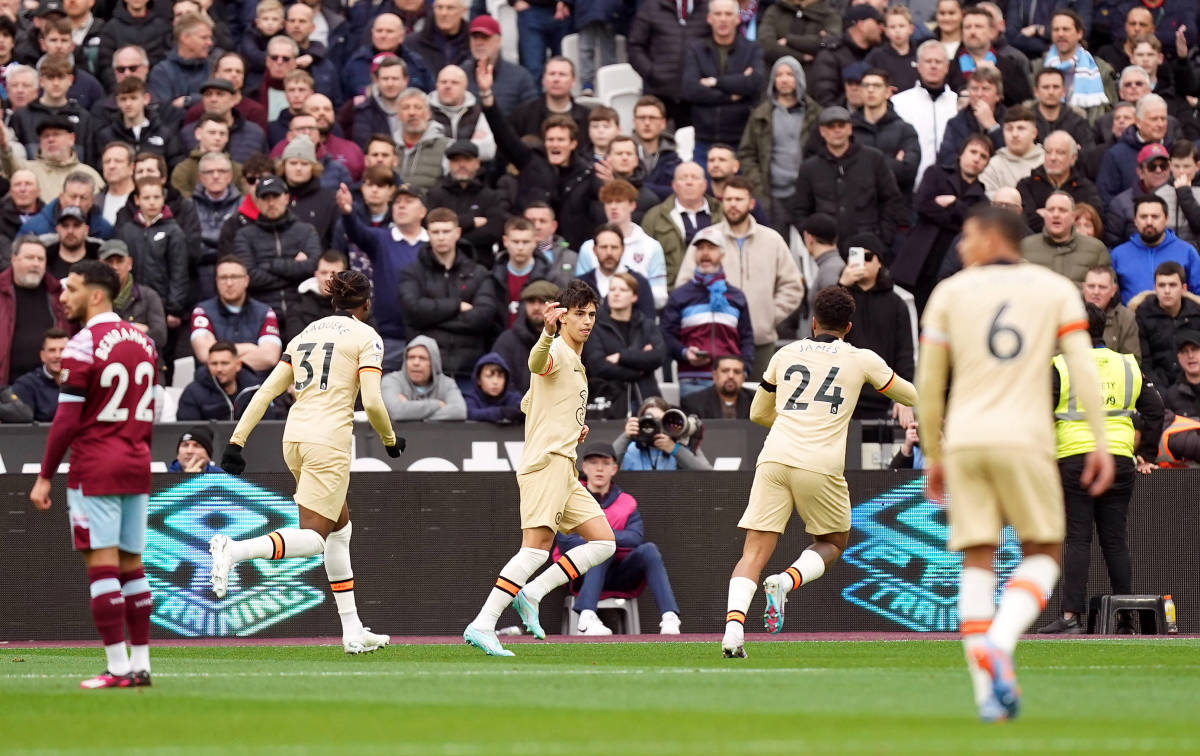 Joao Felix pictured (center) after scoring his first Premier League goal for Chelsea in February 2023 during an away game at West Ham