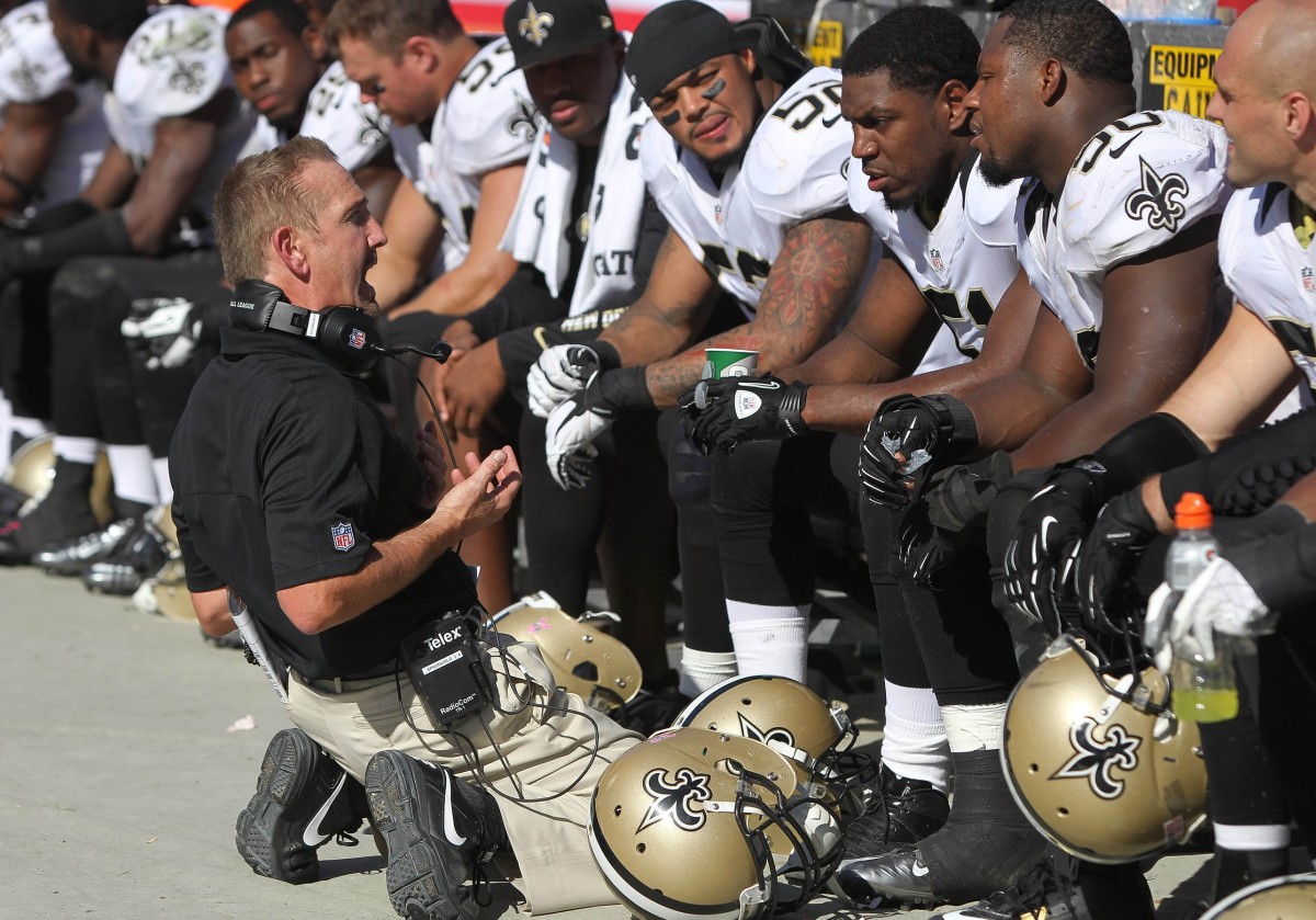 October 21, 2012; New Orleans defensive coordinator Saints Steve Spagnuolo talks with linebacker Jonathan Vilma (51) and teammates against the Tampa Bay Buccaneers. Mandatory Credit: Kim Klement-USA TODAY Sports