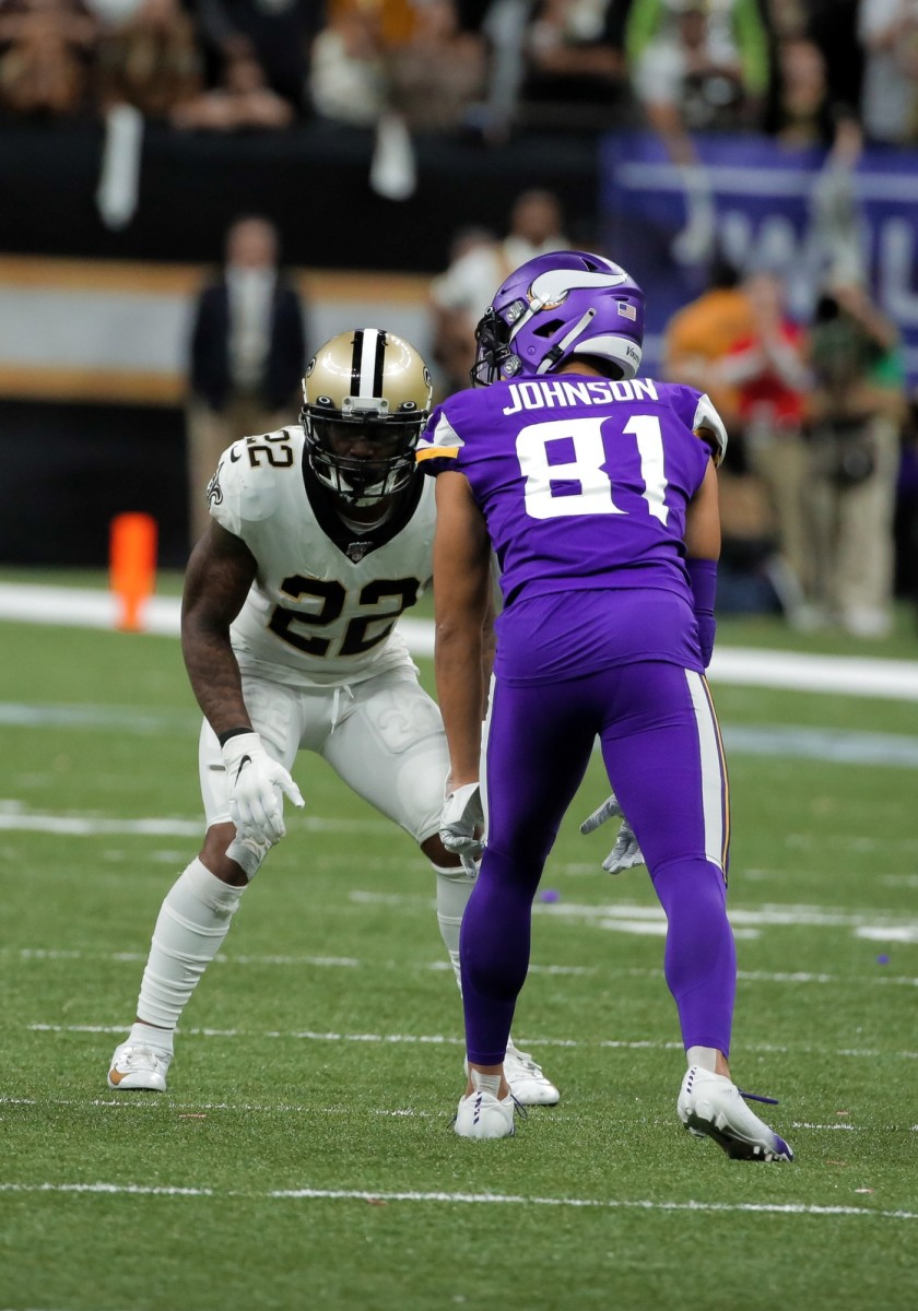 Jan 5, 2020; New Orleans Saints defensive back Chauncey Gardner-Johnson (22) lines up against Minnesota Vikings wide receiver Bisi Johnson (81). Mandatory Credit: Derick Hingle-USA TODAY