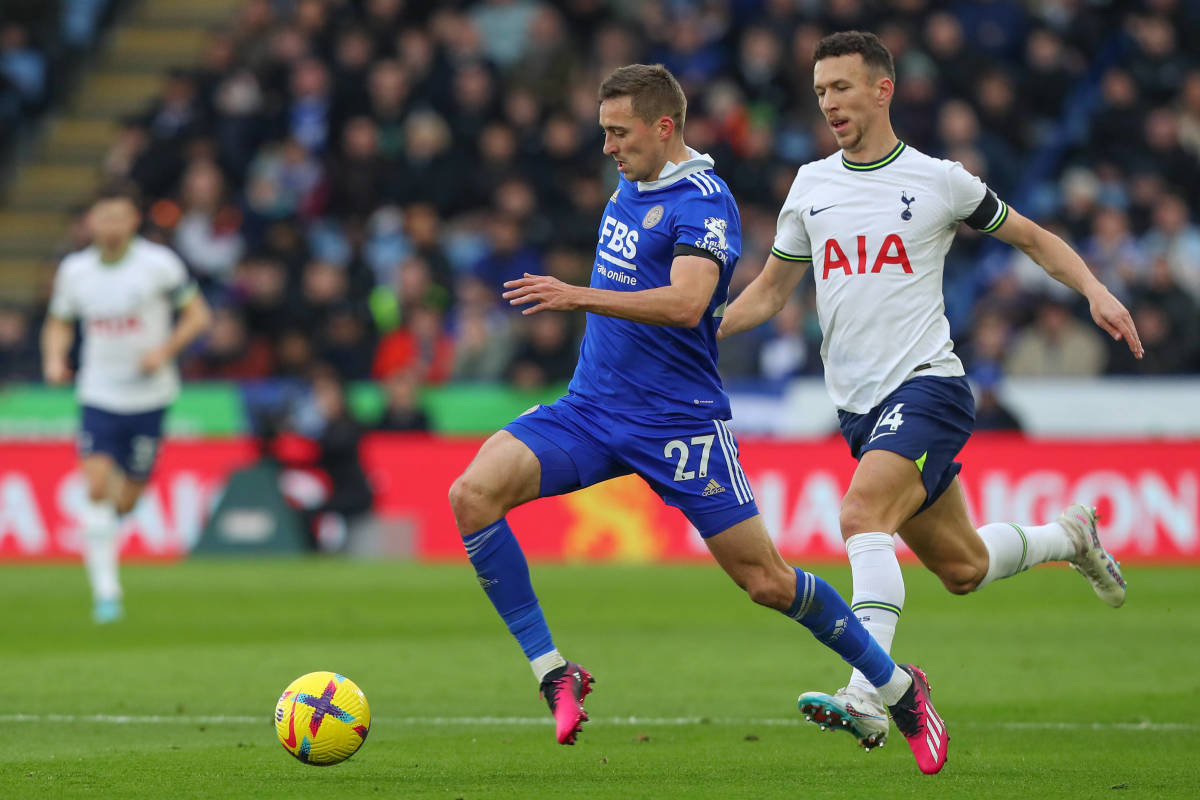 Timothy Castagne (left) and Ivan Perisic pictured during the Premier League game between Leicester and Tottenham in February 2023