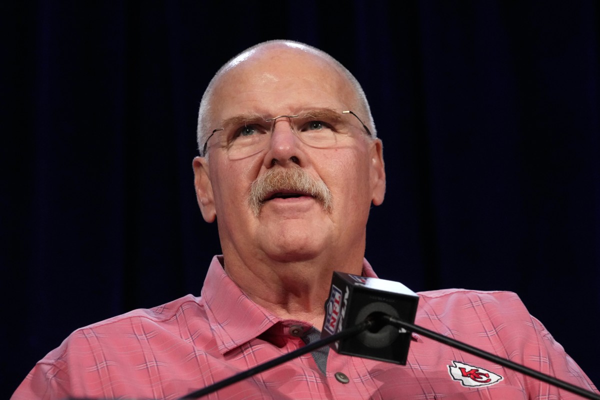 Feb 13, 2023; Phoenix, AZ, USA; Kansas City Chiefs coach Andy Reid speaks during the Super Bowl 57 Winning Team Head Coach and MVP press conference at the Phoenix Convention Center. Mandatory Credit: Kirby Lee-USA TODAY Sports