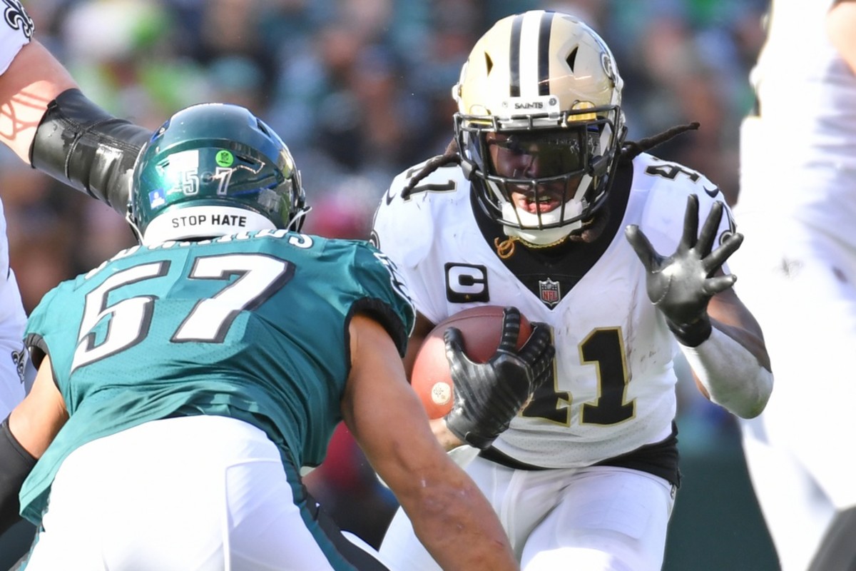 Jan 1, 2023; New Orleans Saints running back Alvin Kamara (41) carries the ball against the Philadelphia Eagles. Mandatory Credit: Eric Hartline-USA TODAY Sports