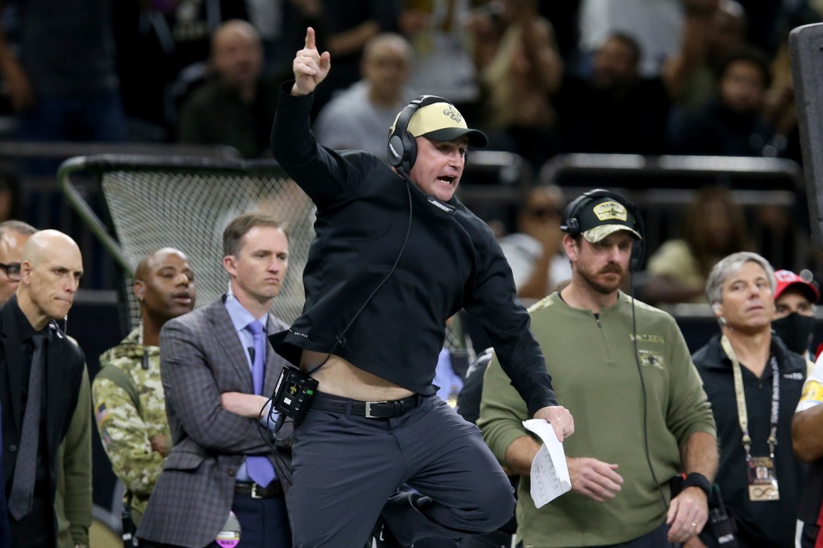 Nov 7, 2021; New Orleans Saints special teams coordinator Darren Rizzi reacts after a fumble against the Atlanta Falcons. Mandatory Credit: Chuck Cook-USA TODAY Sports