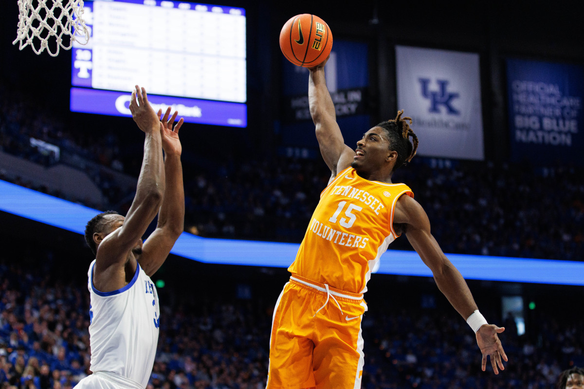 Tennessee G Jahmai Mashack going up for a dunk against Kentucky in Rupp Arena on February 18, 2023. (Photo by Jordan Prather of USA Today Sports)