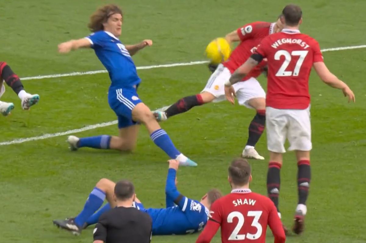 An image showing the right boot of Marcel Sabitzer making contact with the knee of Wout Faes during the EPL game between Manchester United and Leicester in February 2023