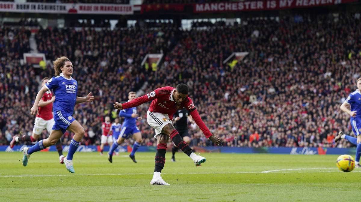 Marcus Rashford pictured scoring his 23rd club goal of the 2022/23 season during Manchester United's home game against Leicester