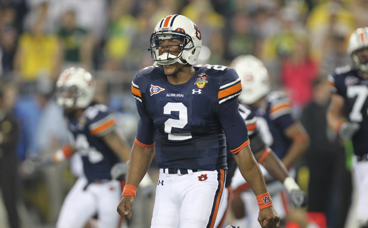 Jan 10, 2011; Glendale, AZ, USA; Auburn Tigers quarterback Cam Newton (2) enters the field before the 2011 BCS National Championship game against the Oregon Ducks at University of Phoenix Stadium. Mandatory Credit: Matthew Emmons-USA TODAY Sports