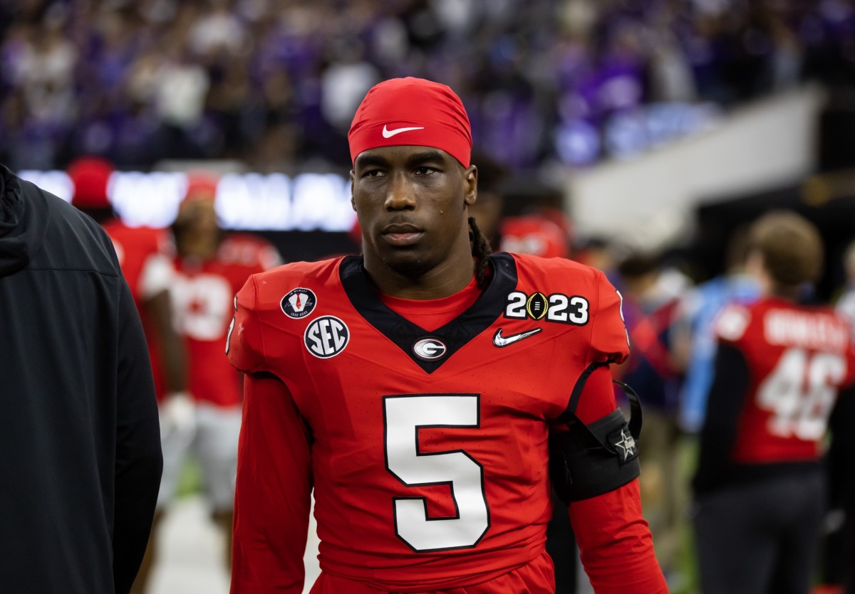 Jan 9, 2023; Inglewood, CA, USA; Georgia Bulldogs defensive back Kelee Ringo (5) against the TCU Horned Frogs during the CFP national championship game at SoFi Stadium.