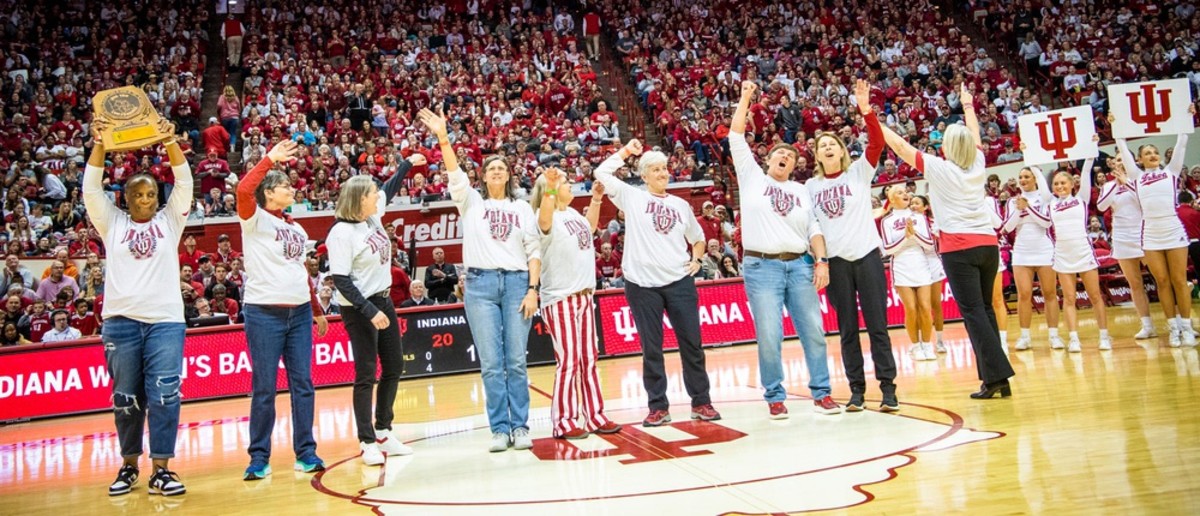 Members of the 1983 Indiana University women's basketball team are honored for their Big Ten Championship during the first half of the Indiana versus Purdue women's basketball game at Simon Skjodt Assembly Hall on Sunday, Feb. 19, 2023.