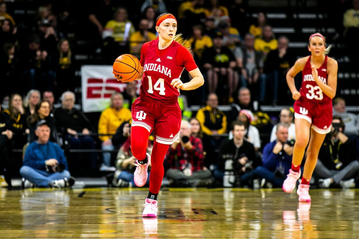 Indiana guard Sara Scalia (14) dribbles during a NCAA Big Ten Conference women's basketball game against Iowa, Sunday, Feb. 26, 2023, at Carver-Hawkeye Arena in Iowa City, Iowa.