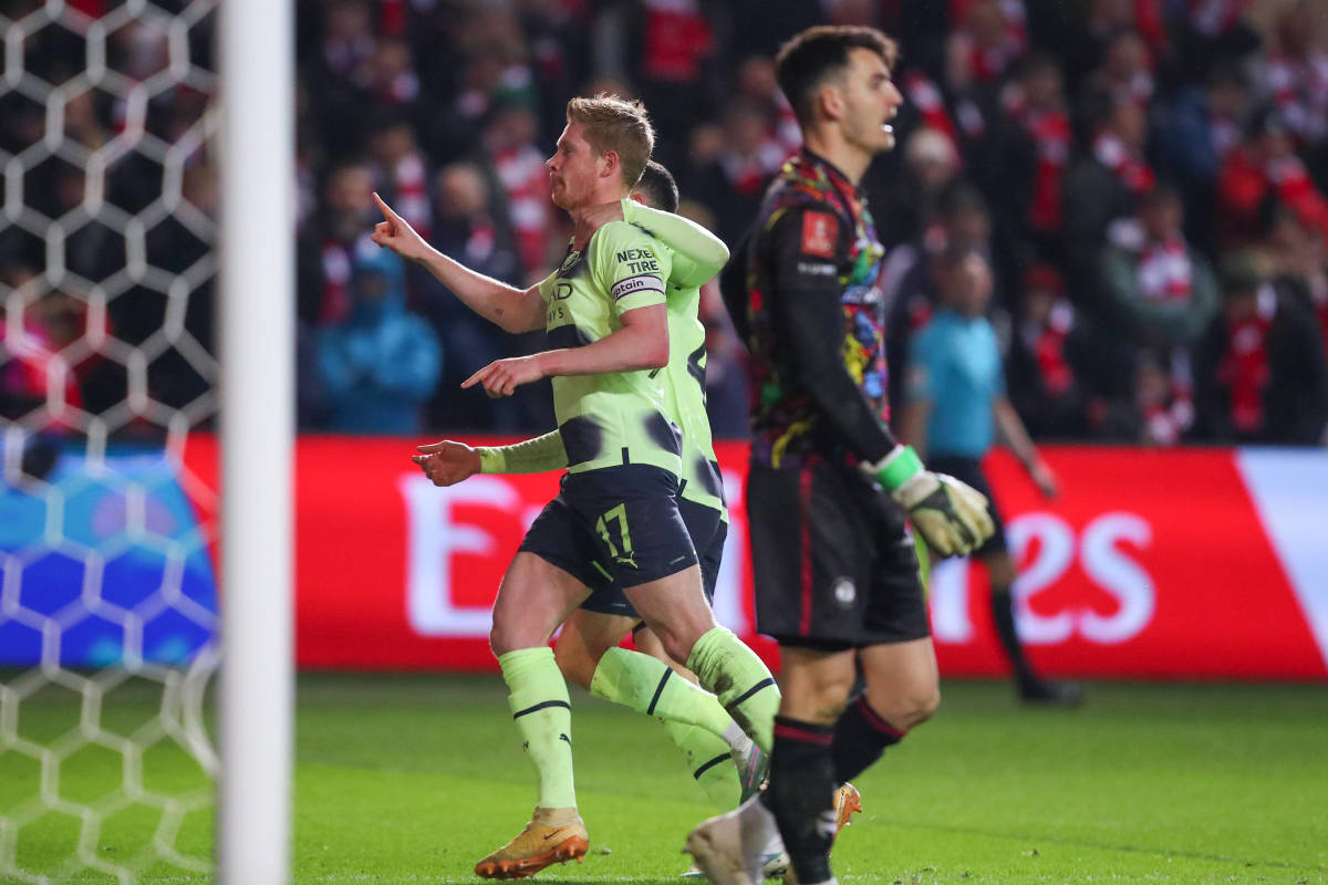 Kevin De Bruyne pictured (left) after scoring for Manchester City in a 3-0 win at Bristol City in the 2022/23 FA Cup