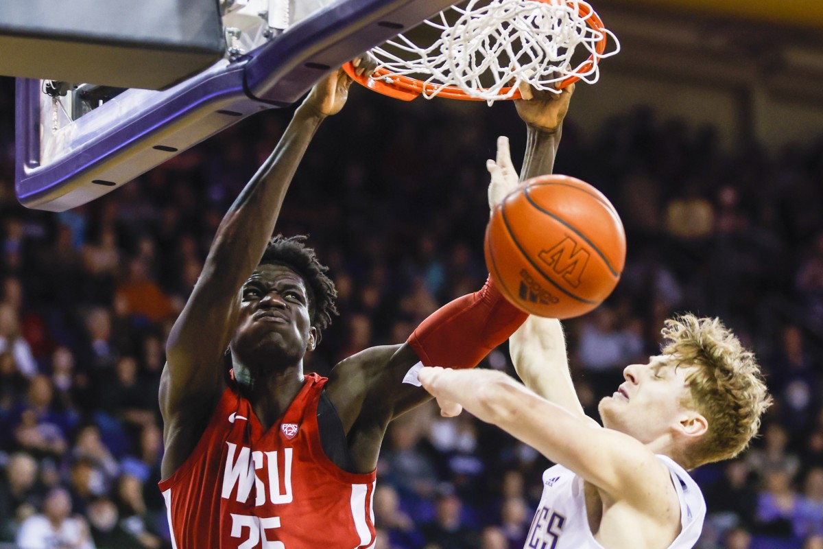 WSU's Mouhamed dunks on the Huskies' Cole Bajema.