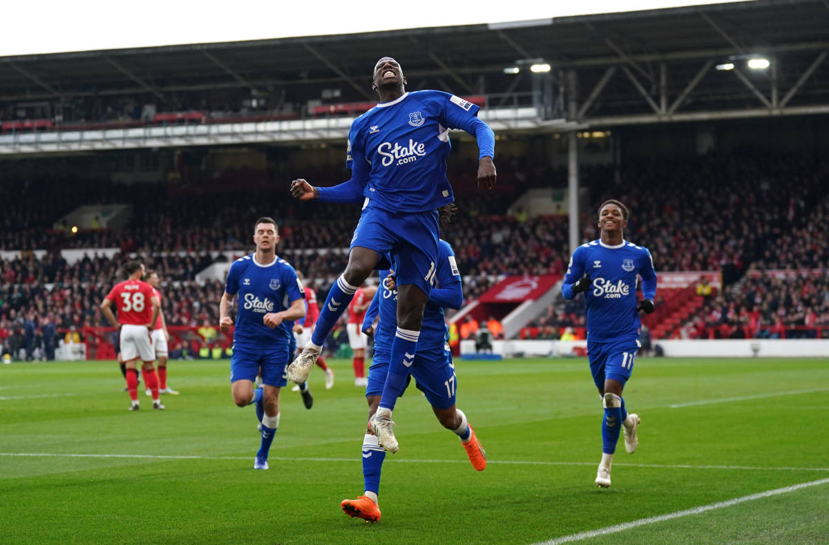 Everton midfielder Abdoulaye Doucoure pictured celebrating after scoring against Nottingham Forest in March 2023