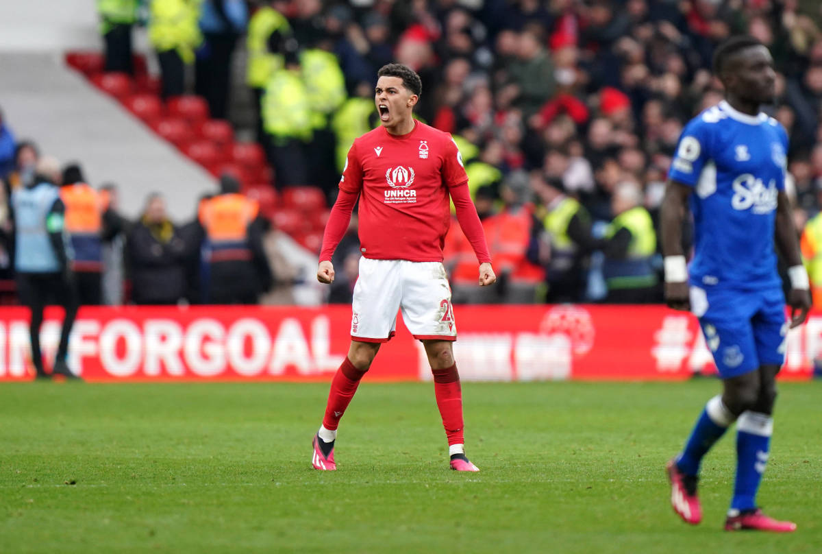 Brennan Johnson pictured moments after scoring his second goal in Nottingham Forest's 2-2 draw with Everton in March 2023