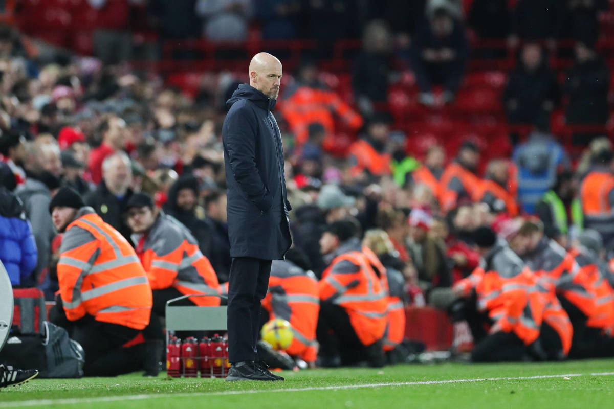 Manchester United manager Erik ten Hag pictured during his team's 7-0 loss to Liverpool at Anfield in March 2023