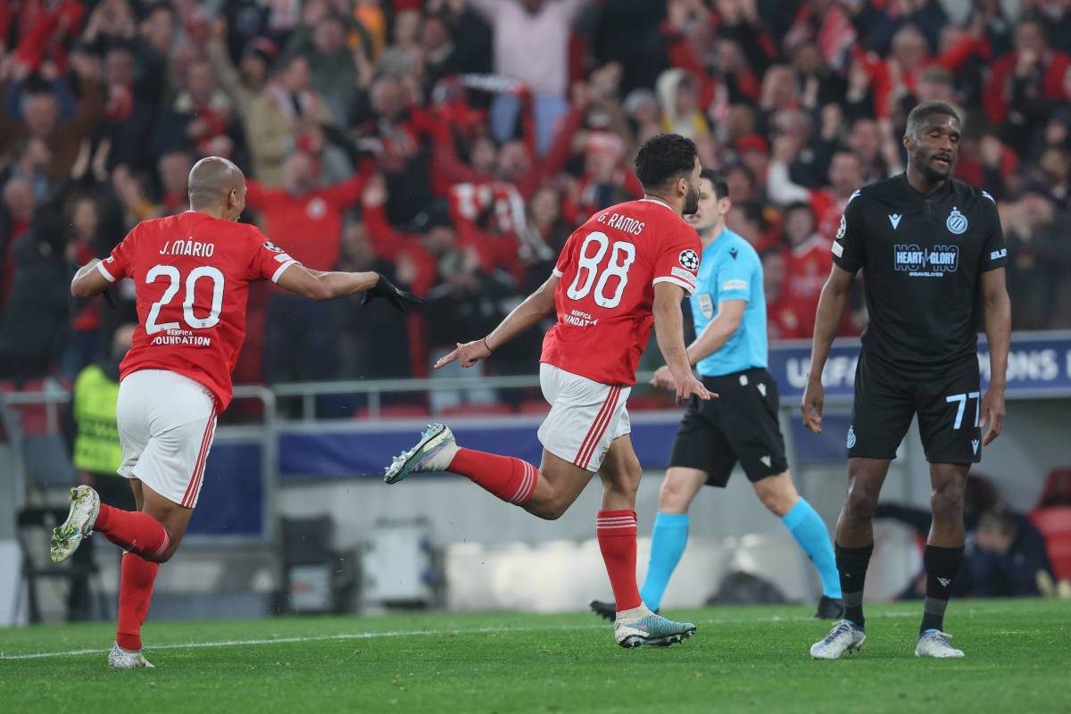 Goncalo Ramos pictured (center) after scoring for Benfica against Club Brugge in the last 16 of the 2022/23 UEFA Champions League