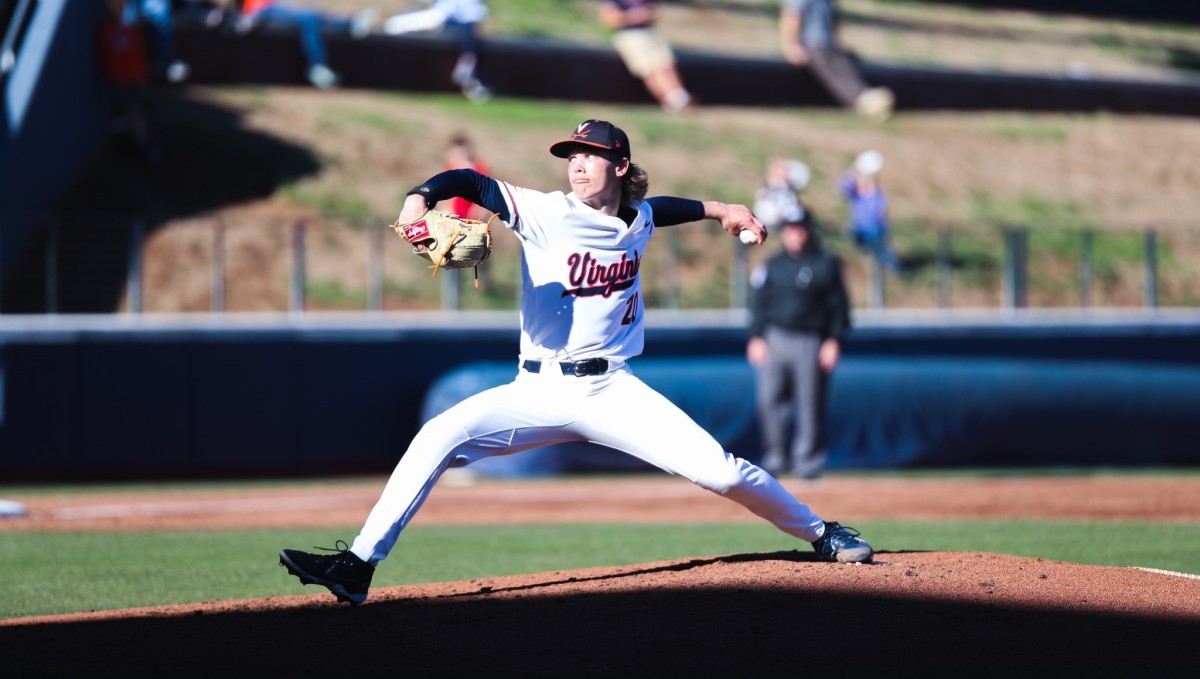 Connelly Early delivers a pitch during the Virginia baseball game against VMI at Disharoon Park.