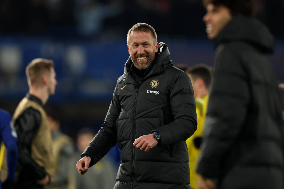 Chelsea manager Graham Potter pictured smiling after his team's 2-0 win over Borussia Dortmund in March 2023