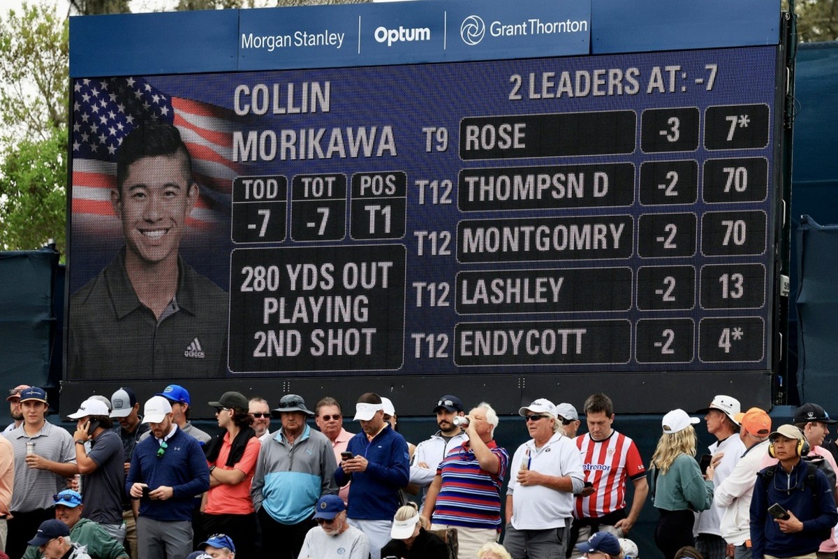 Collin Morikawa is featured on the scoreboard at TPC Sawgrass