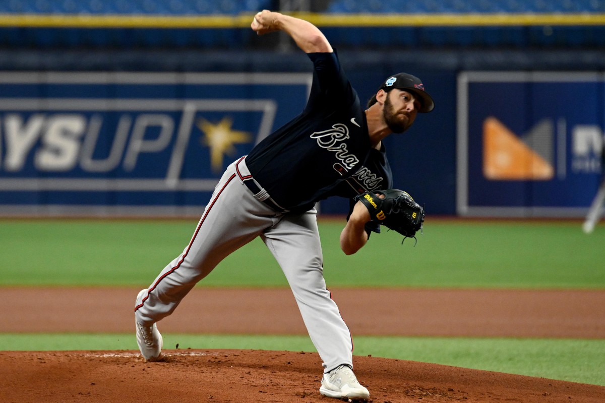 Mar 10, 2023; St. Petersburg, Florida, USA; Atlanta Braves pitcher Ian Anderson (36) throws a pitch in the first inning of a spring training game against the Tampa Bay Rays at Tropicana Field. Mandatory Credit: Jonathan Dyer-USA TODAY Sports