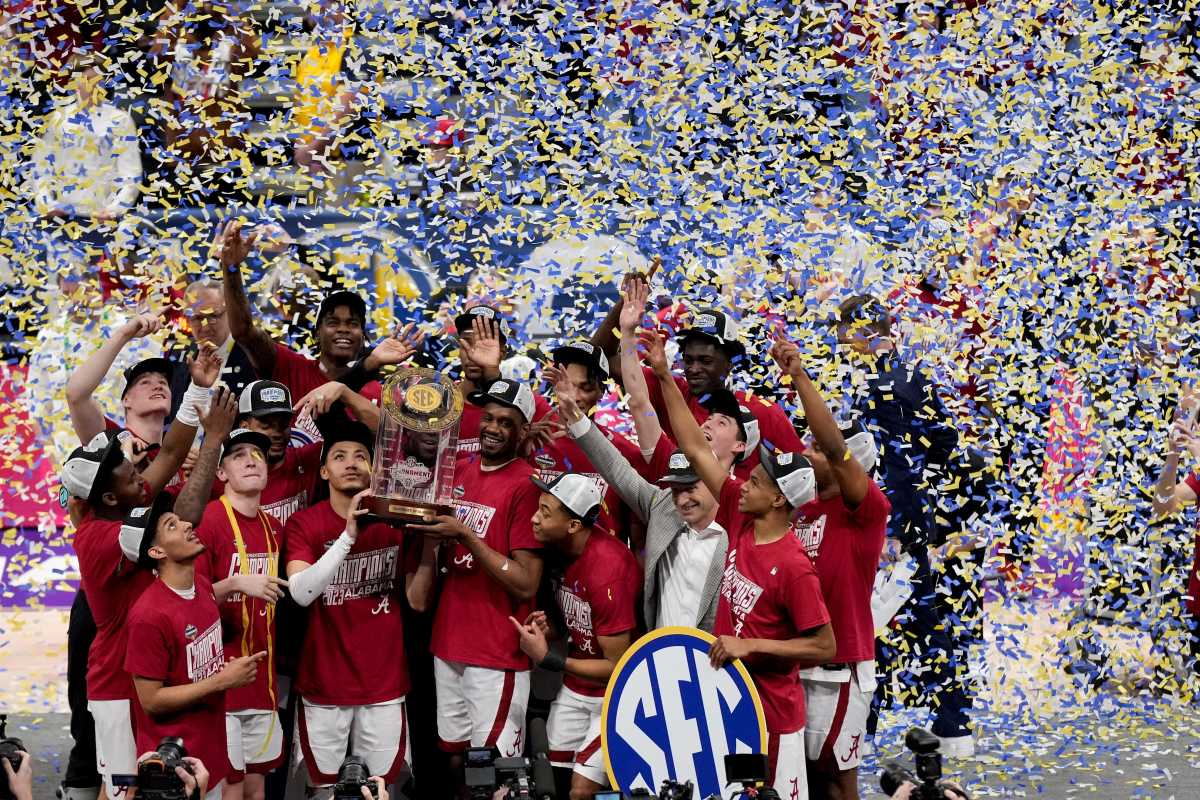 Alabama players celebrate winning the championship SEC Men s Basketball Tournament game over Texas A&M at Bridgestone Arena Sunday, March 12, 2023, in Nashville, Tenn.