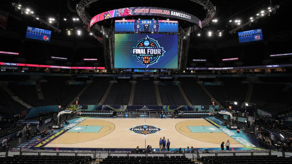 A general view of Target Center prior to in the Final Four semifinals of the women's college basketball NCAA Tournament at Target Center.