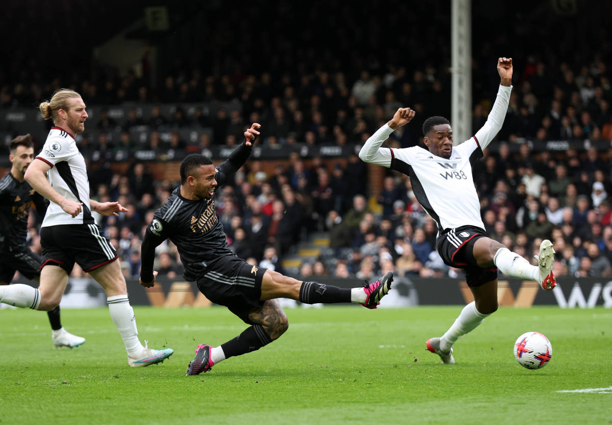 Gabriel Jesus pictured (center) in action during Arsenal's 3-0 win at Fulham in March 2023