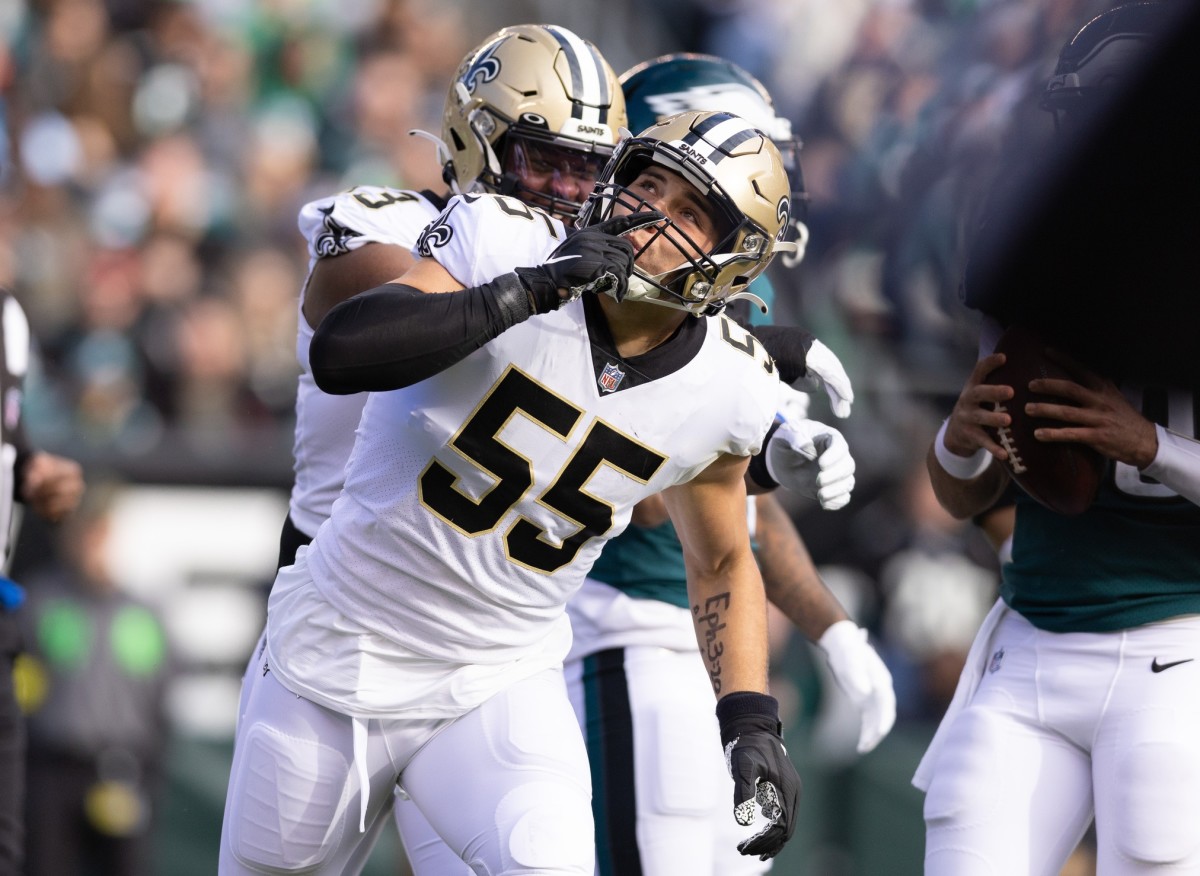 New Orleans Saints linebacker Kaden Elliss (55) in action during an NFL  football game against the New York Giants, Sunday, Oct. 3, 2021, in New  Orleans. (AP Photo/Tyler Kaufman Stock Photo - Alamy