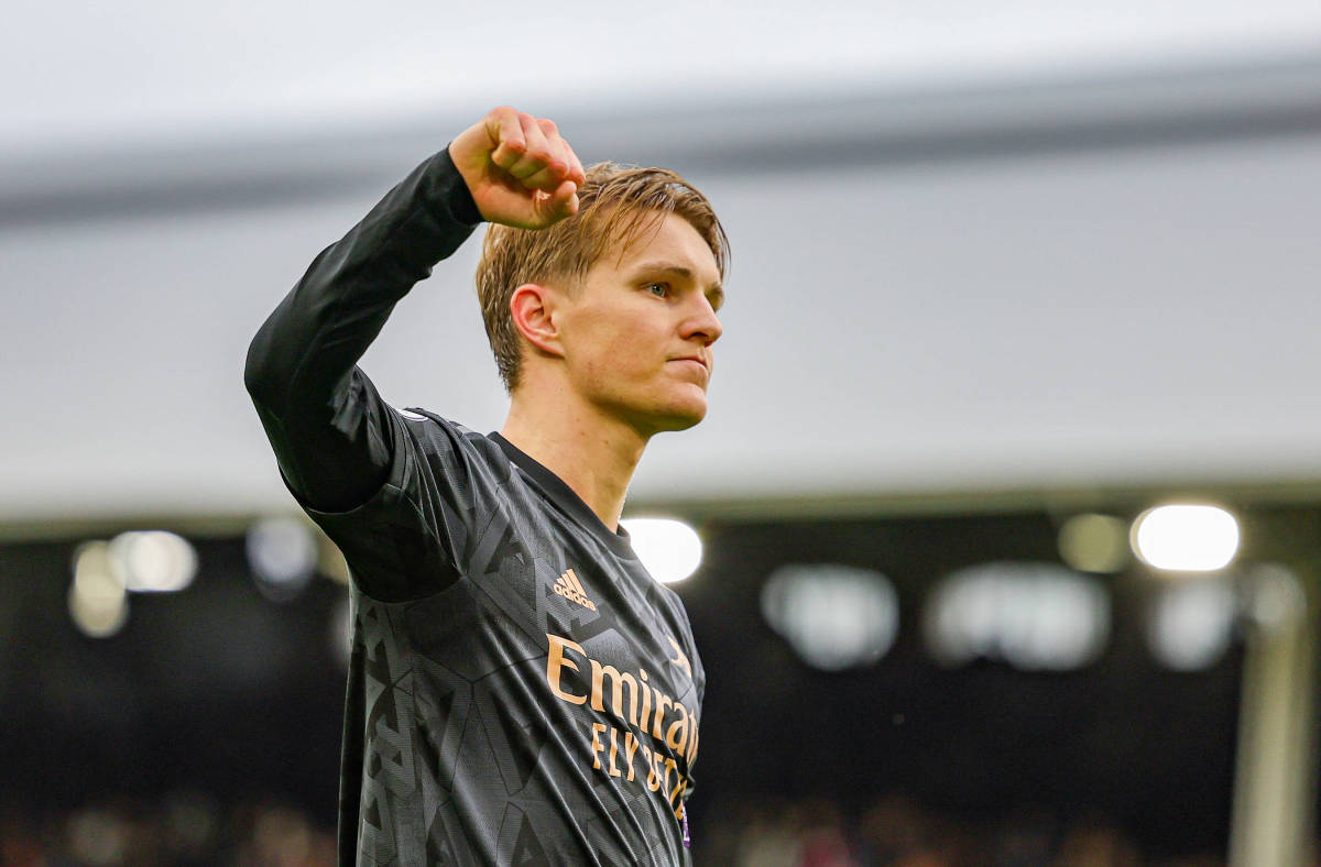 Arsenal captain Martin Odegaard pictured celebrating a goal during a 3-0 win at Fulham in March 2023