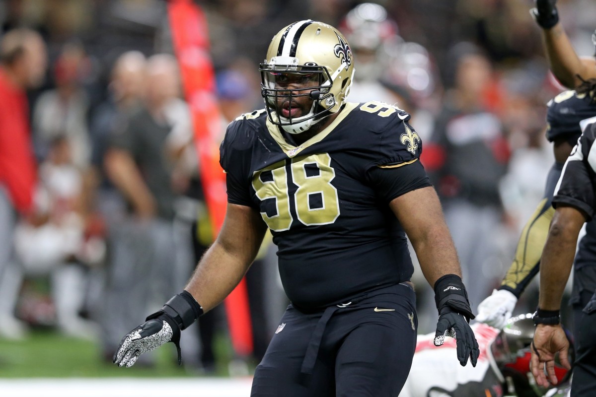 Oct 6, 2019; New Orleans Saints defensive tackle Sheldon Rankins (98) celebrates a sack of Tampa Bay Buccaneers quarterback Jameis Winston (not pictured). Mandatory Credit: Chuck Cook-USA TODAY Sports