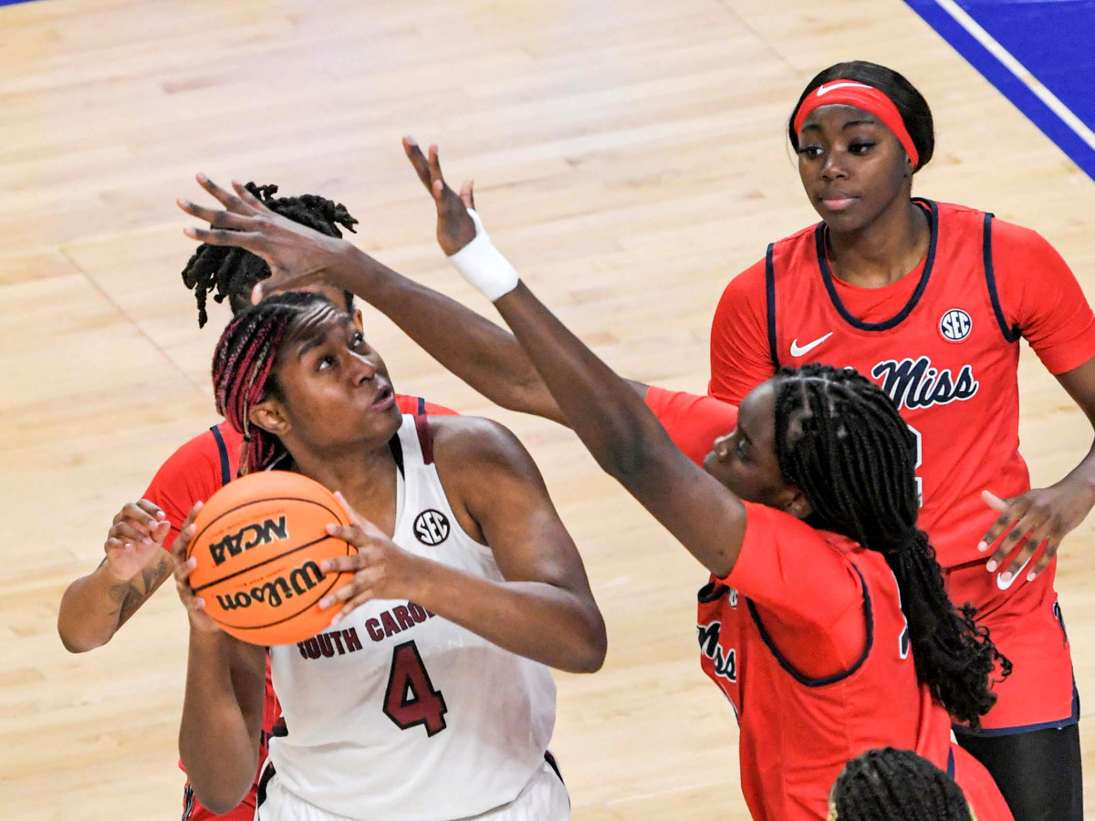 South Carolina forward Aliyah Boston shoots near Ole Miss center Rita Igbokwe during the SEC women’s basketball tournament.