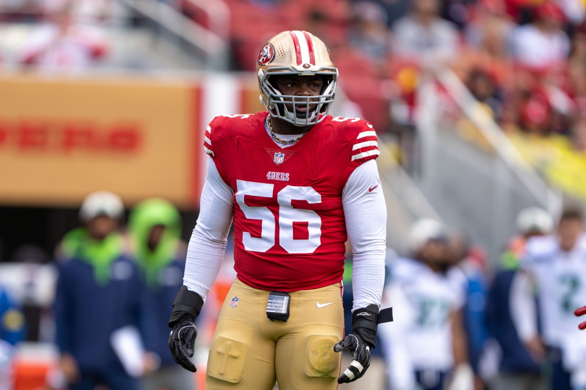 September 18, 2022; Santa Clara, California, USA; San Francisco 49ers defensive end Samson Ebukam (56) during the first quarter against the Seattle Seahawks at Levi's Stadium.