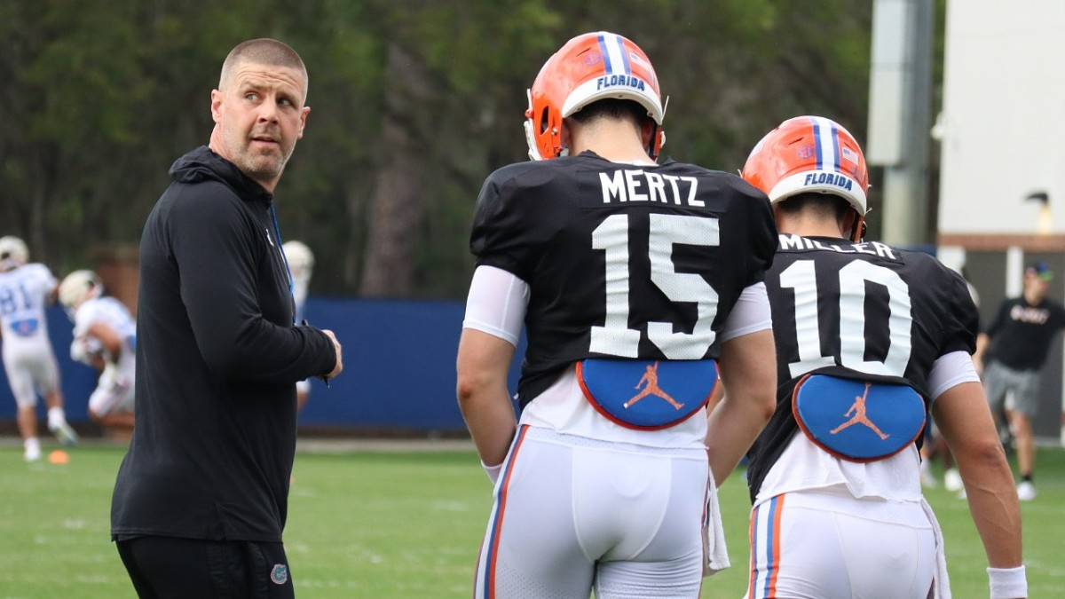 Billy Napier, Graham Mertz and Jack Miller III during Florida's 2023 spring training camp.