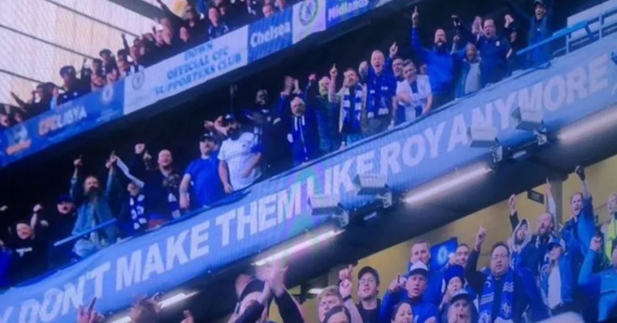 A shot from series 3 of Ted Lasso showing a banner for Roy Kent at Stamford Bridge