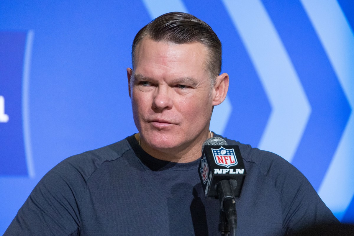 Mar 1, 2023; Indianapolis, IN, USA; Indianapolis Colts general manager Chris Ballard speaks to the press at the NFL Combine at Lucas Oil Stadium.